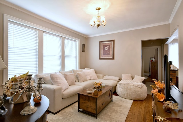 living room featuring ornamental molding, light hardwood / wood-style floors, and a healthy amount of sunlight