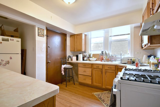 kitchen featuring light wood-type flooring and white appliances