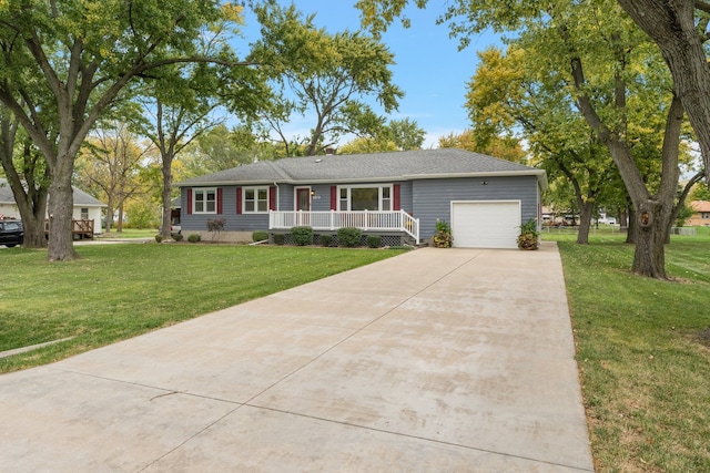 single story home featuring a garage, a front lawn, and a porch