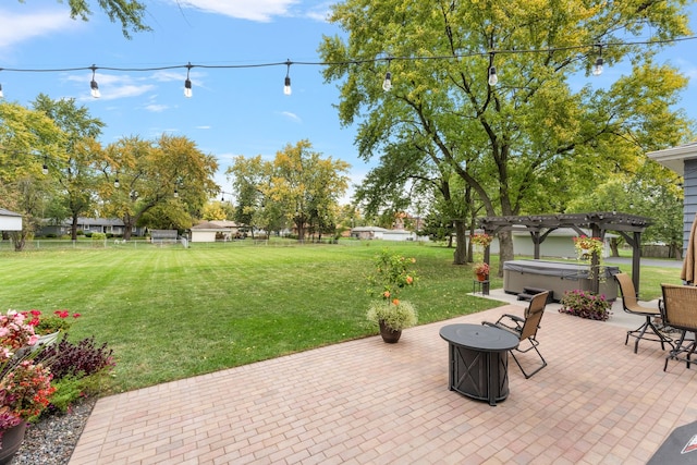 view of patio featuring a pergola and a hot tub