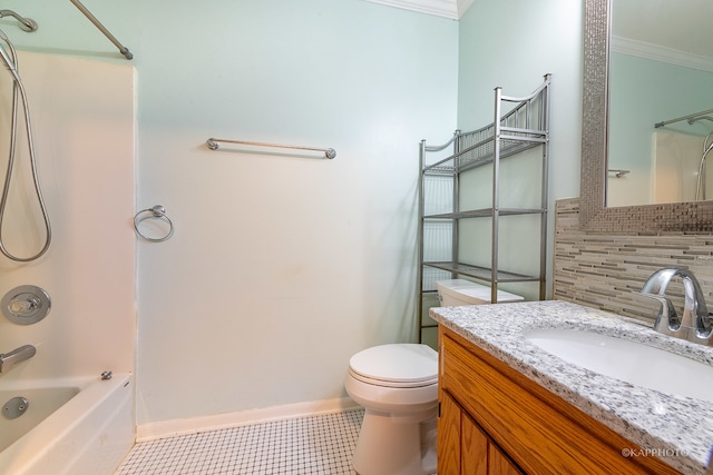 full bathroom with vanity, crown molding, toilet, and tasteful backsplash