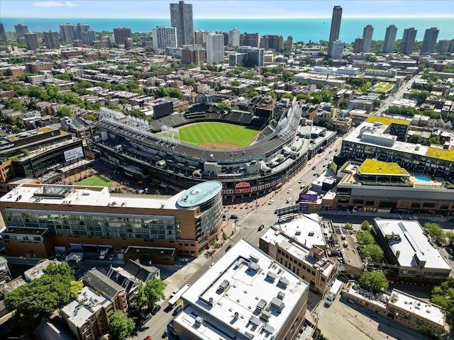 aerial view with a water view and a city view