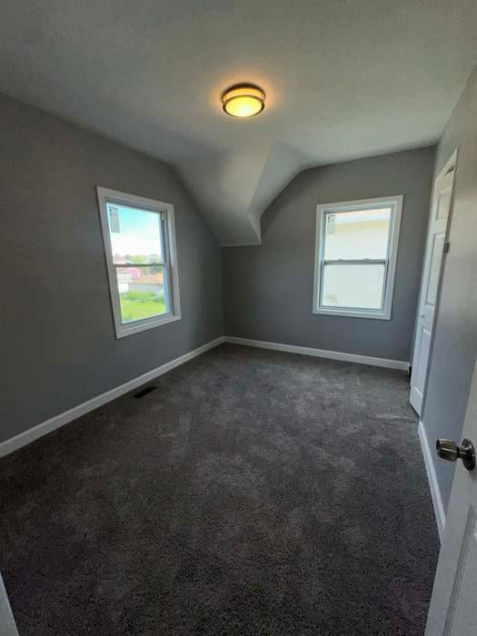 bonus room featuring a healthy amount of sunlight, dark carpet, and lofted ceiling