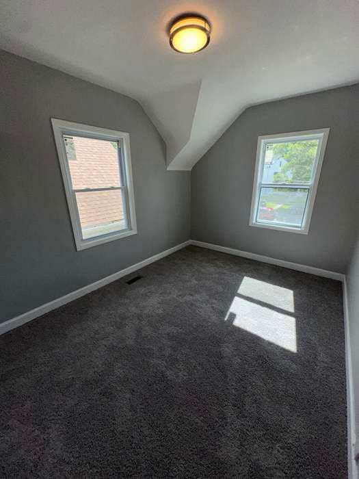 additional living space featuring plenty of natural light, lofted ceiling, and dark colored carpet