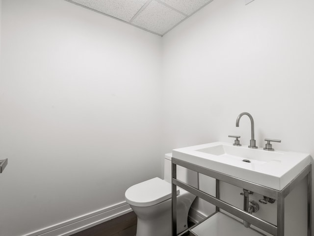 bathroom with toilet, a drop ceiling, hardwood / wood-style floors, and sink