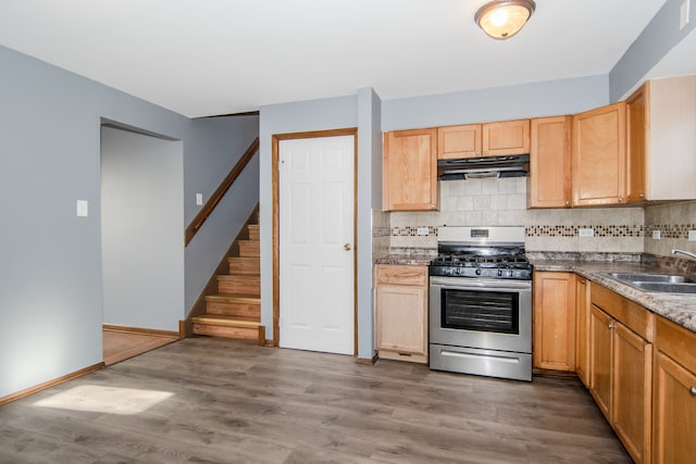 kitchen featuring decorative backsplash, stainless steel gas range oven, and dark hardwood / wood-style flooring