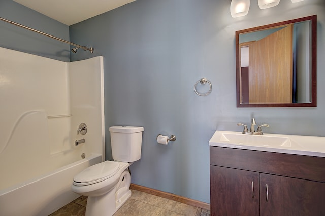 full bathroom featuring toilet, shower / tub combination, vanity, and tile patterned flooring