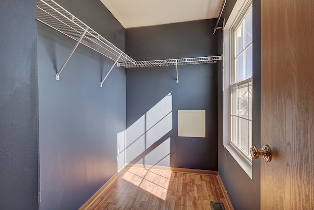 walk in closet with hardwood / wood-style floors