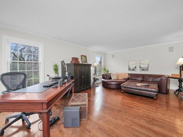 home office with crown molding and hardwood / wood-style floors