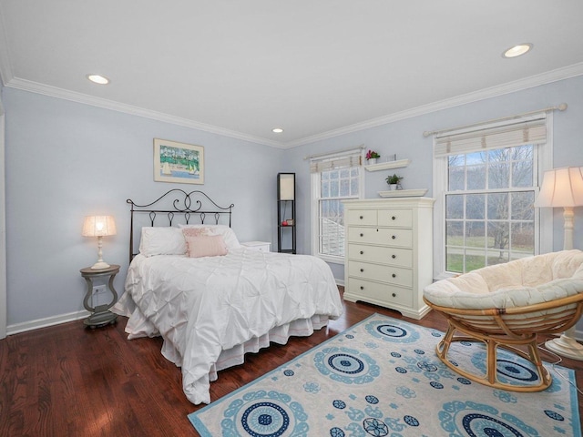 bedroom featuring dark hardwood / wood-style flooring and crown molding