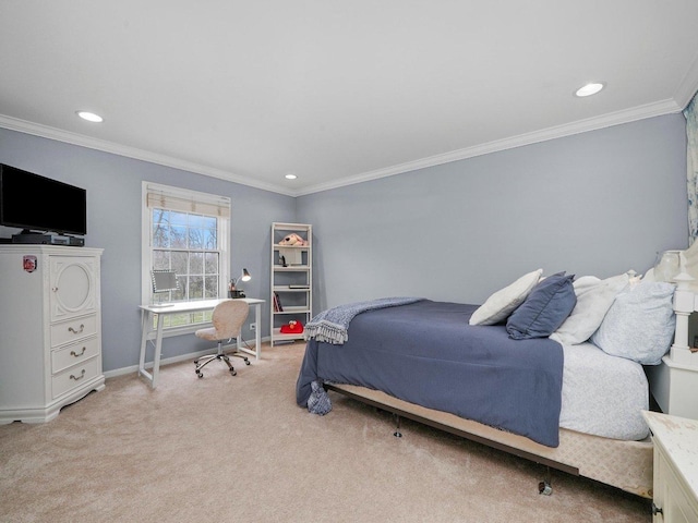 bedroom featuring crown molding and carpet