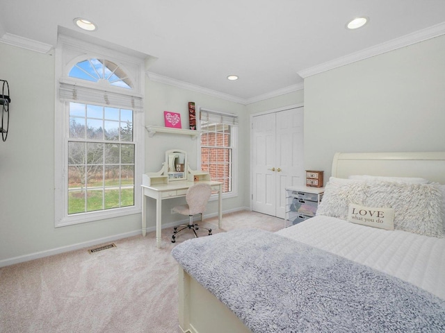 carpeted bedroom with ornamental molding and a closet