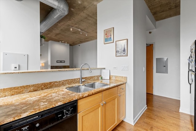 kitchen with black dishwasher, track lighting, light wood-type flooring, sink, and light stone counters