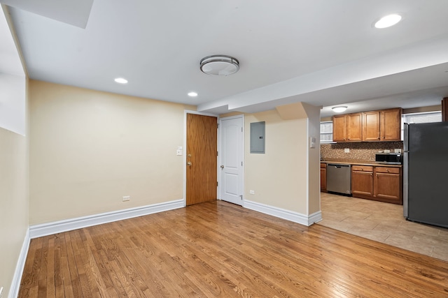 kitchen featuring backsplash, electric panel, stainless steel appliances, and light wood-type flooring