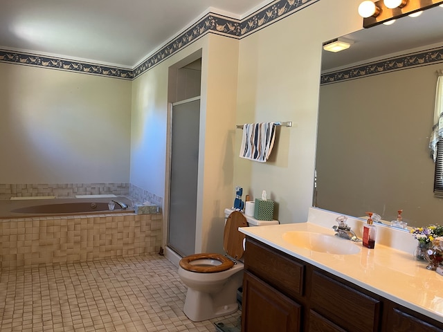 full bathroom featuring vanity, shower with separate bathtub, toilet, and tile patterned floors