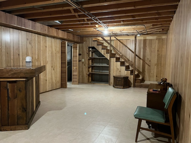 basement with wood walls