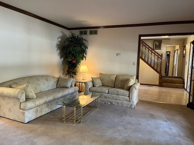 living room featuring crown molding and light colored carpet