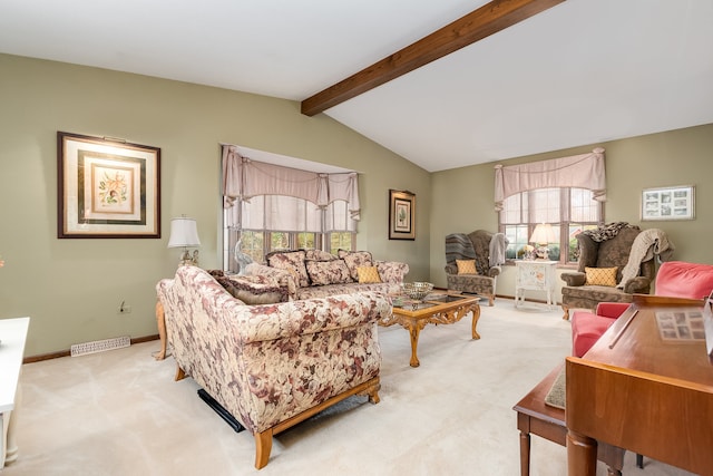 carpeted living room with vaulted ceiling with beams