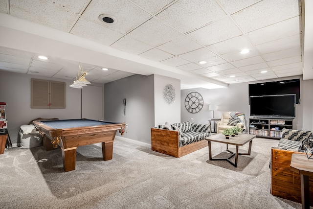 playroom with a drop ceiling, carpet floors, and billiards