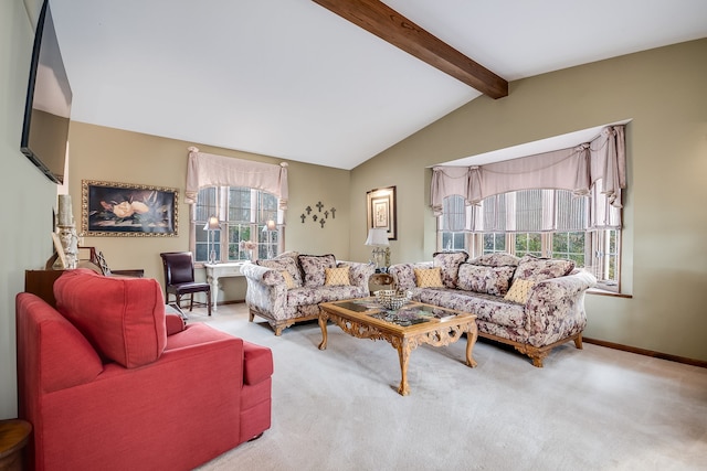 living room featuring vaulted ceiling with beams and carpet flooring