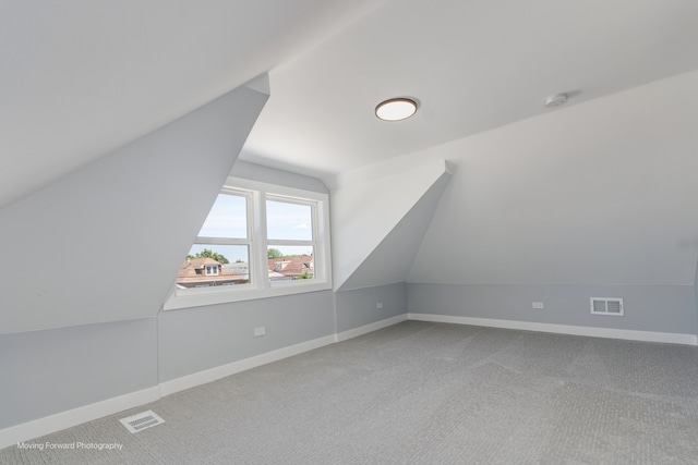 additional living space featuring vaulted ceiling and carpet floors