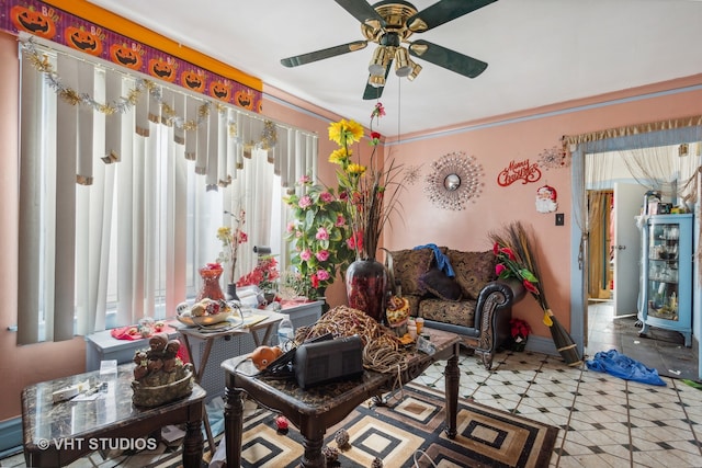 living room with ceiling fan