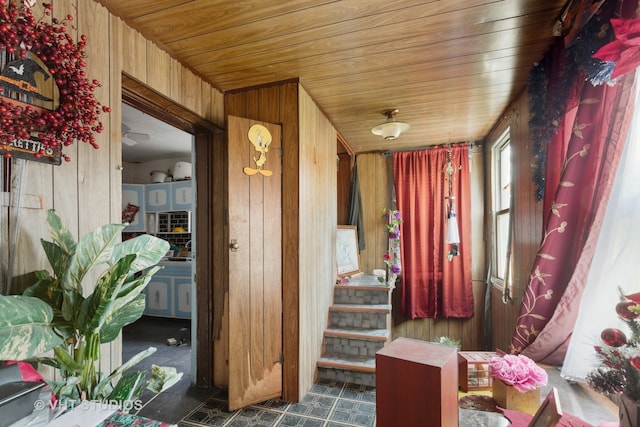 misc room with wood walls and wooden ceiling