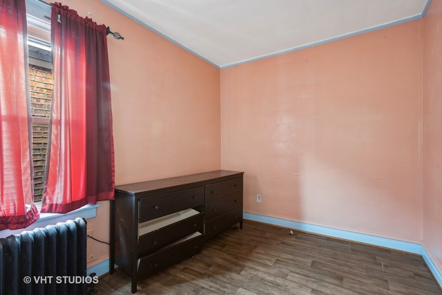 spare room with radiator heating unit and dark hardwood / wood-style flooring