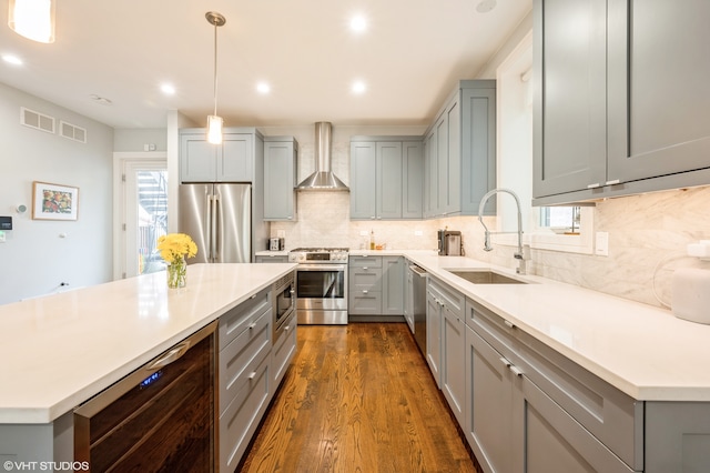 kitchen featuring stainless steel appliances, wall chimney range hood, dark hardwood / wood-style flooring, pendant lighting, and sink