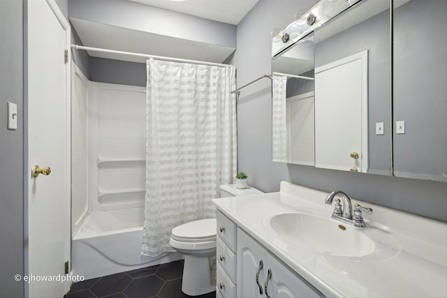 full bathroom with vanity, toilet, tile patterned floors, and shower / bathtub combination with curtain