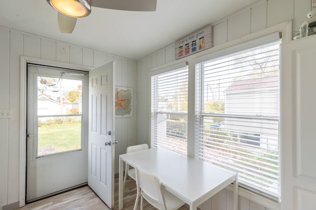 entryway with ceiling fan, a healthy amount of sunlight, and light hardwood / wood-style flooring