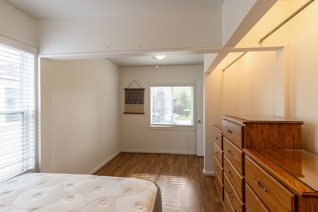 bedroom with hardwood / wood-style floors and multiple windows