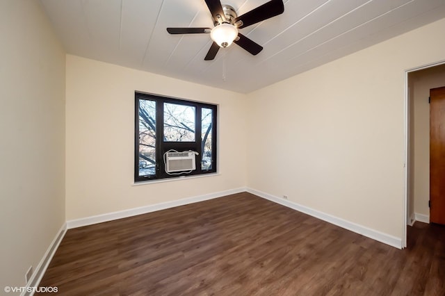 unfurnished room with ceiling fan, dark hardwood / wood-style flooring, and cooling unit