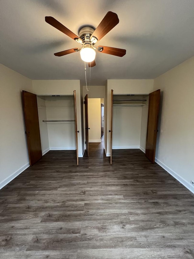 unfurnished bedroom featuring ceiling fan, wood-type flooring, and a closet