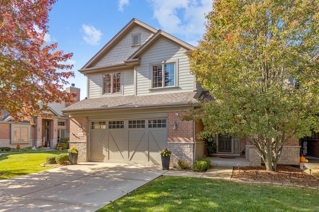 view of front facade featuring a garage, a shingled roof, concrete driveway, a front yard, and brick siding