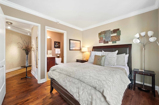 bedroom with connected bathroom, dark wood-type flooring, and ornamental molding