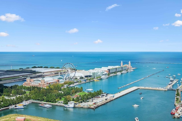 drone / aerial view featuring a water view