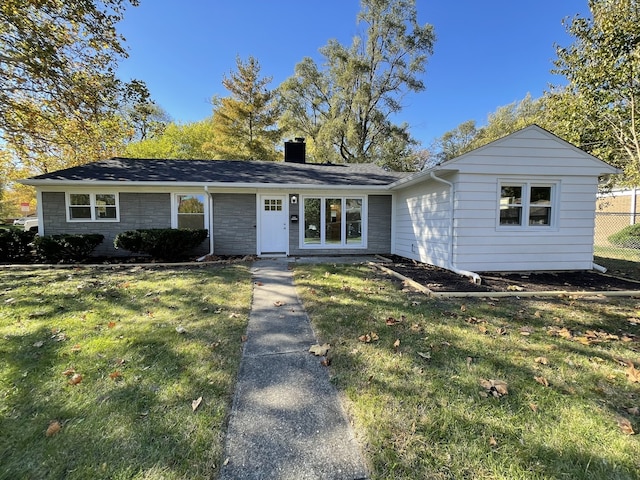 ranch-style house featuring stone siding, a front lawn, a chimney, and fence