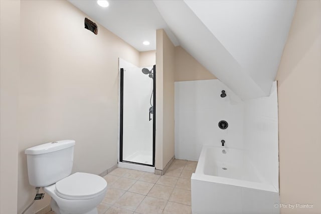 bathroom featuring toilet, shower with separate bathtub, and tile patterned floors