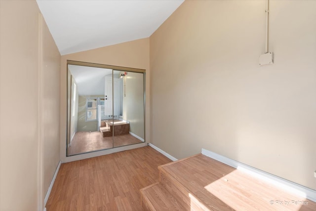 hall with lofted ceiling and wood-type flooring