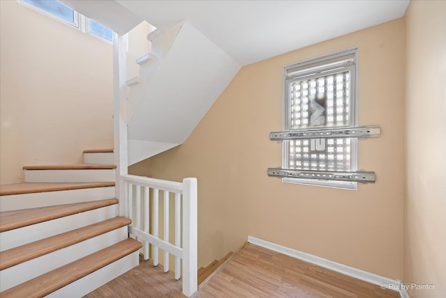 staircase with hardwood / wood-style flooring