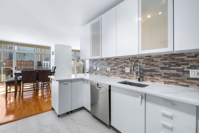 kitchen with sink, dishwasher, and white cabinets