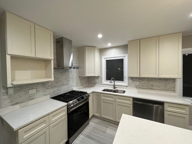 kitchen with wall chimney range hood, sink, black range oven, stainless steel dishwasher, and decorative backsplash