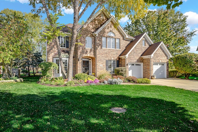 view of front of home with a garage and a front lawn