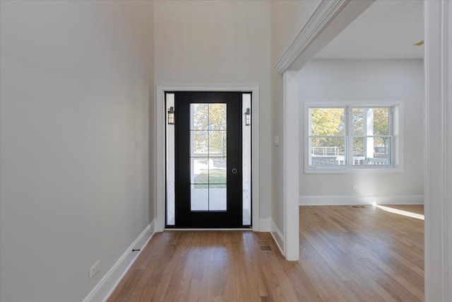 entrance foyer with light hardwood / wood-style floors and a healthy amount of sunlight