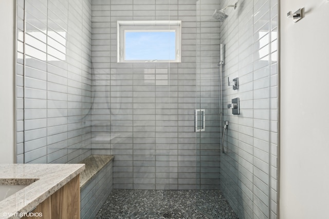 bathroom with a shower with door and vanity