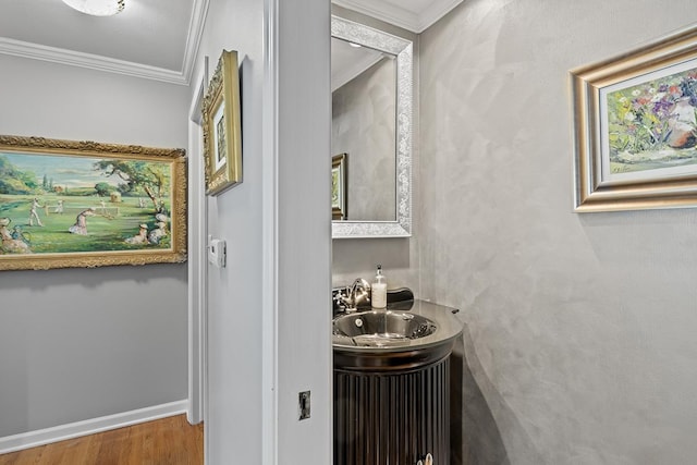 bathroom with vanity, baseboards, crown molding, and wood finished floors