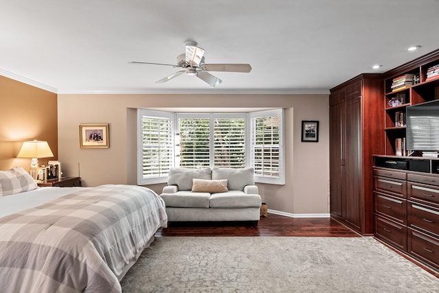 bedroom with baseboards, ceiling fan, dark wood-type flooring, crown molding, and recessed lighting