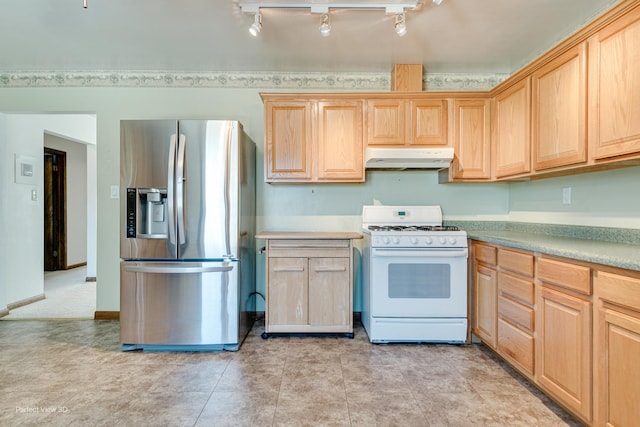 kitchen with stainless steel fridge with ice dispenser, white gas stove, and light brown cabinets