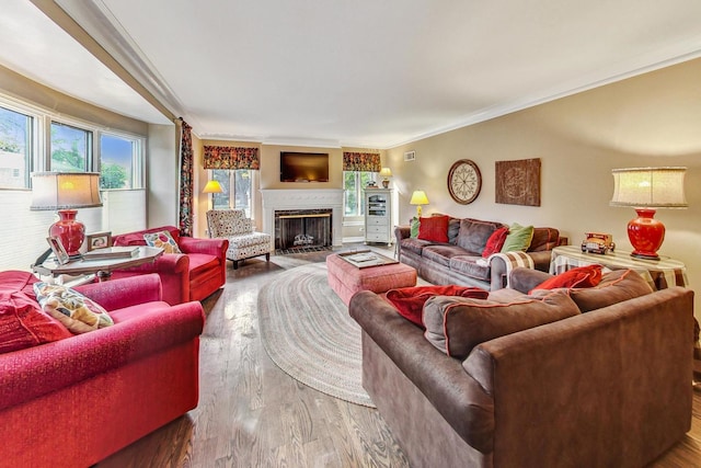 living room with ornamental molding and dark hardwood / wood-style flooring